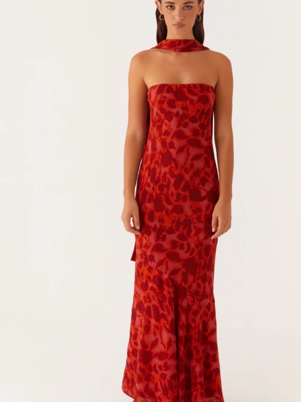 Peppermayo Red Floral Strapless Satin Maxi Dress